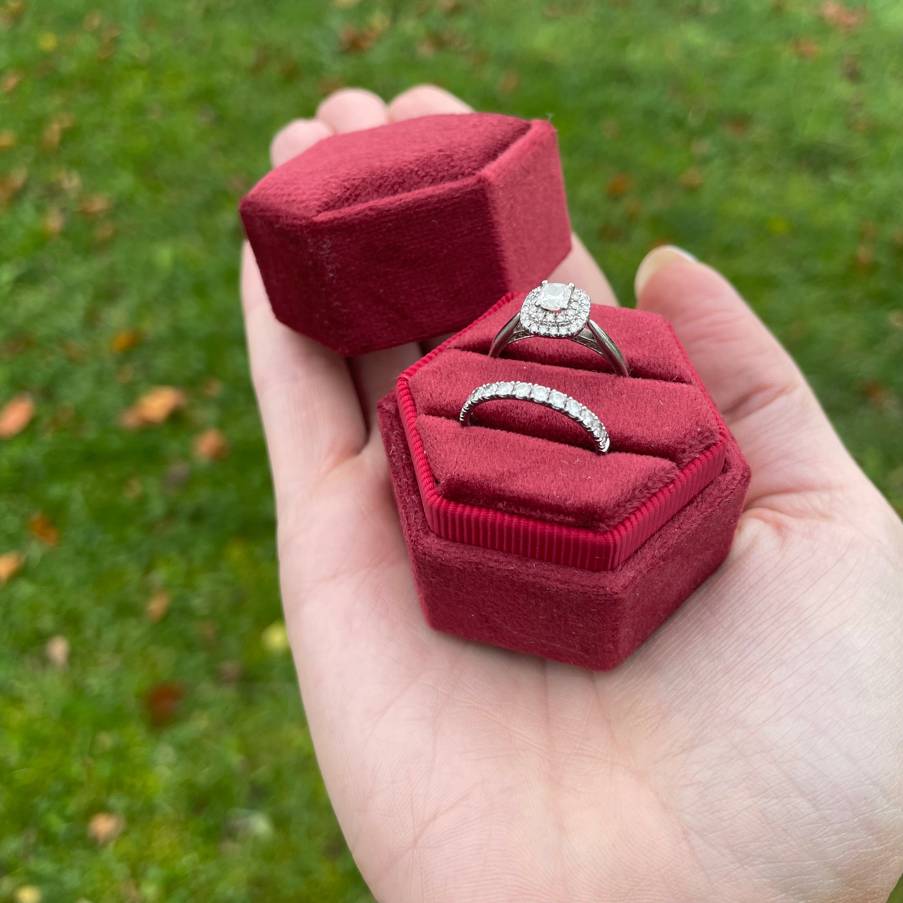 Burgundy Velvet Ring Box Hexagonal Rosie Dott