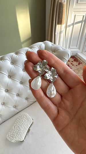 Flower Pearl Drop Earrings (Silver)