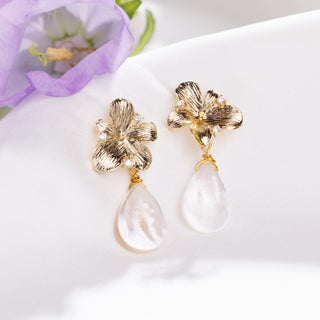 Flower Pearl Drop Earrings (Gold)