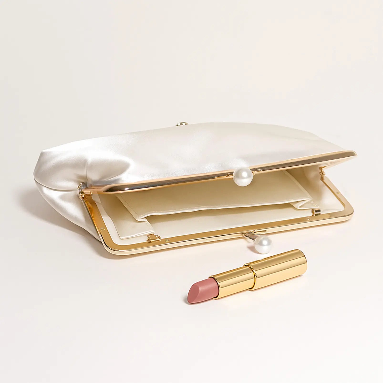 Satin Pearl Clutch Bag (Ivory)