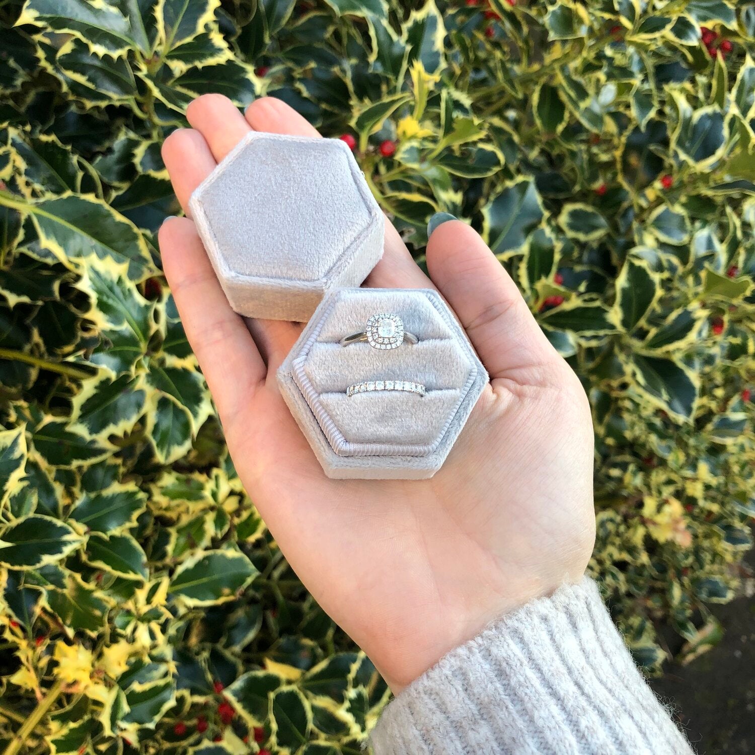 Grey Velvet Ring Box (Hexagonal)